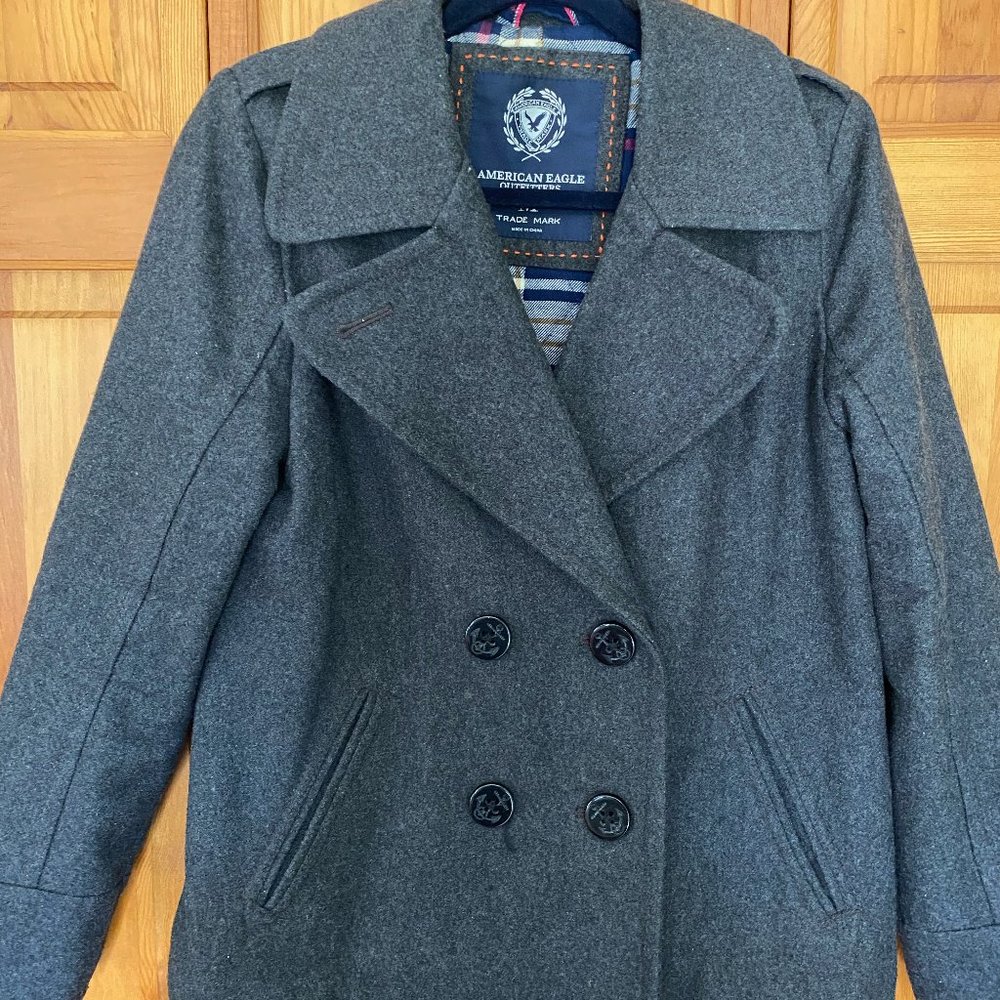 AE Dark Grey Lined Wool Peacoat